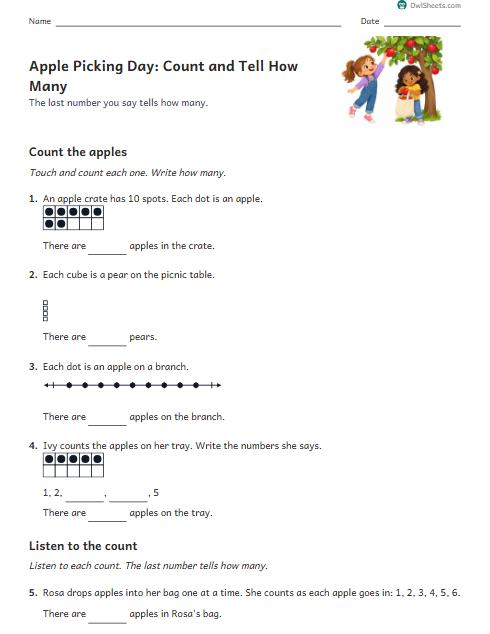Apple Picking Day: Count and Tell How Many worksheet preview