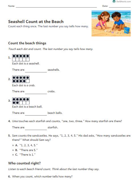 Seashell Count at the Beach worksheet preview