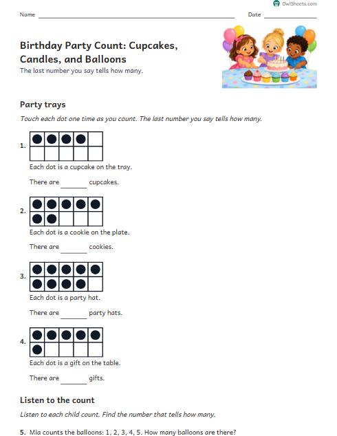 Birthday Party Count: Cupcakes, Candles, and Balloons worksheet preview