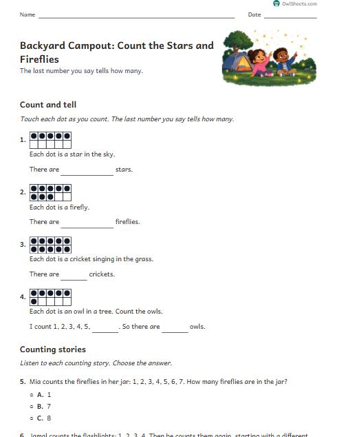 Backyard Campout: Count the Stars and Fireflies worksheet preview