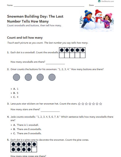 Snowman Building Day: The Last Number Tells How Many worksheet preview