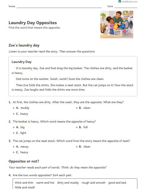 Laundry Day Opposites worksheet preview