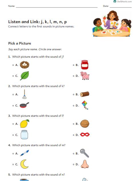 Listen and Link: j, k, l, m, n, p worksheet preview