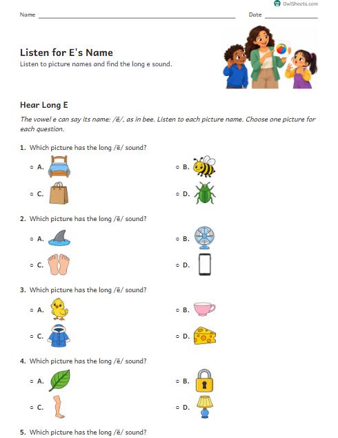 Listen for E's Name worksheet preview