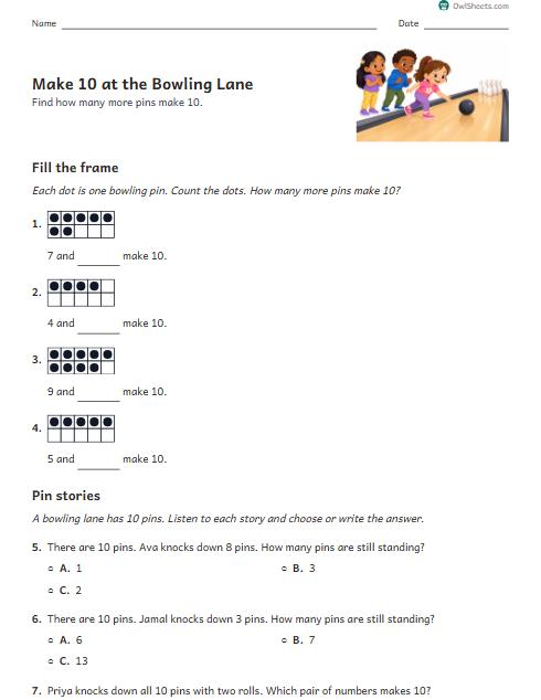 Make 10 at the Bowling Lane worksheet preview