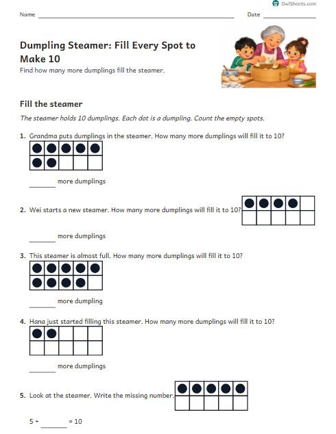Dumpling Steamer: Fill Every Spot to Make 10 worksheet preview