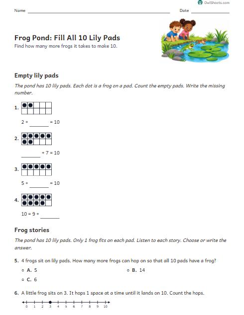 Frog Pond: Fill All 10 Lily Pads worksheet preview