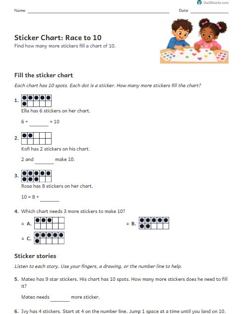 Sticker Chart: Race to 10 worksheet preview