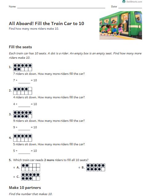 All Aboard! Fill the Train Car to 10 worksheet preview