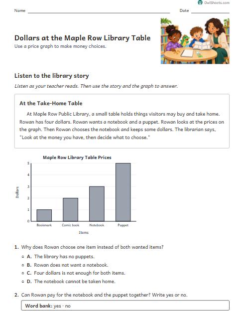 Dollars at the Maple Row Library Table worksheet preview