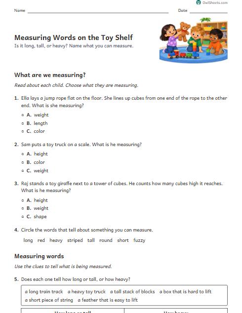 Measuring Words on the Toy Shelf worksheet preview