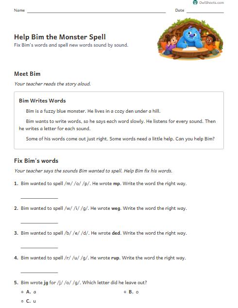 Help Bim the Monster Spell worksheet preview