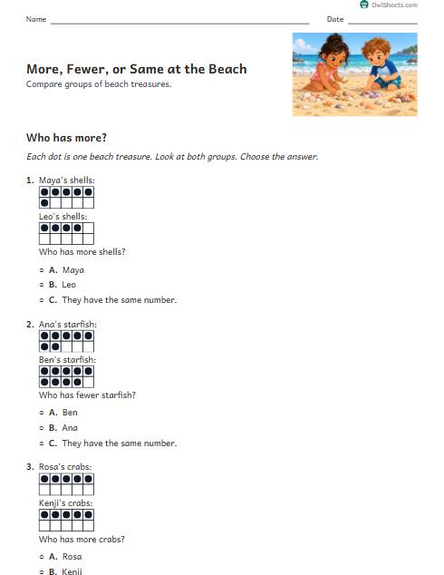 More, Fewer, or Same at the Beach worksheet preview