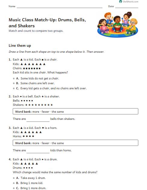 Music Class Match-Up: Drums, Bells, and Shakers worksheet preview