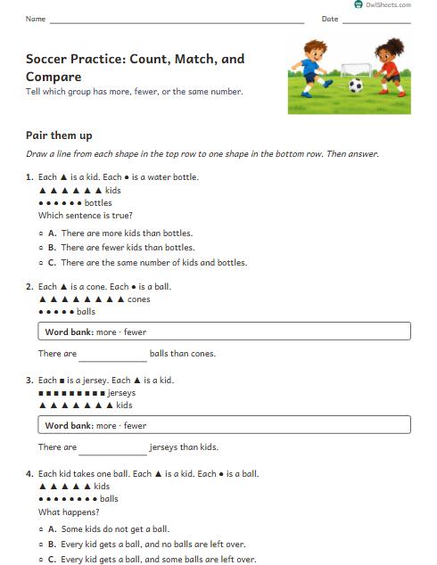 Soccer Practice: Count, Match, and Compare worksheet preview
