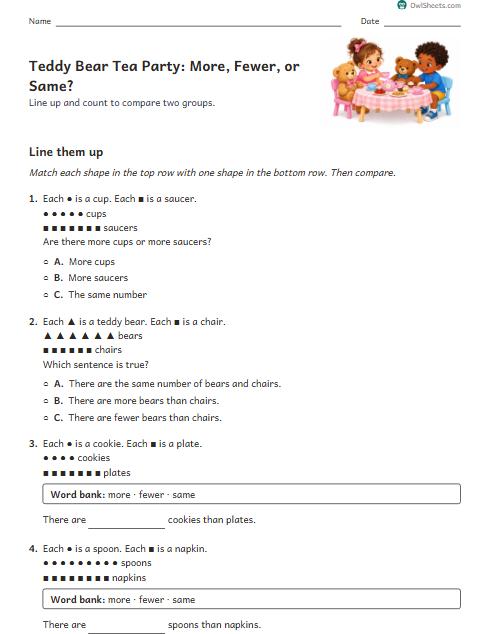 Teddy Bear Tea Party: More, Fewer, or Same? worksheet preview