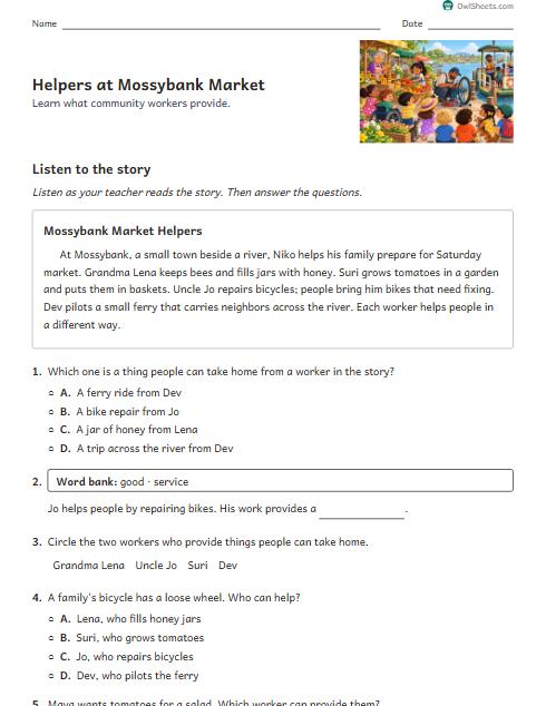Helpers at Mossybank Market worksheet preview