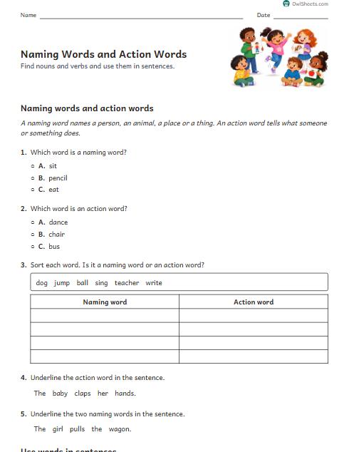 Naming Words and Action Words worksheet preview