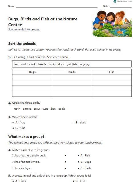 Bugs, Birds and Fish at the Nature Center worksheet preview