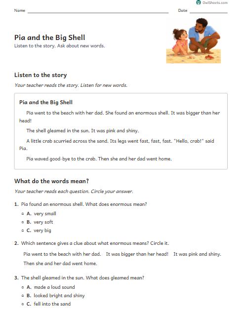 Pia and the Big Shell worksheet preview
