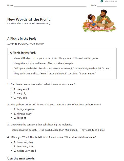 New Words at the Picnic worksheet preview