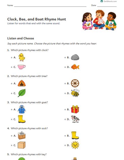 Clock, Bee, and Boat Rhyme Hunt worksheet preview