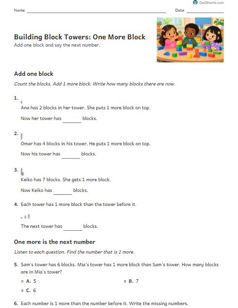 Building Block Towers: One More Block worksheet preview
