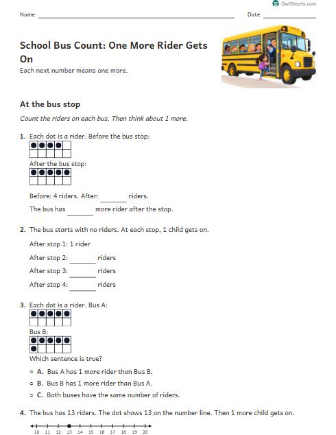 School Bus Count: One More Rider Gets On worksheet preview