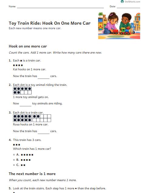 Toy Train Ride: Hook On One More Car worksheet preview