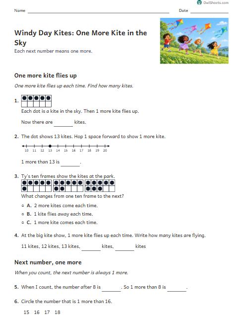 Windy Day Kites: One More Kite in the Sky worksheet preview