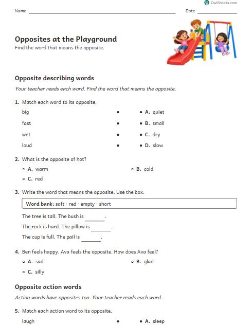 Opposites at the Playground worksheet preview