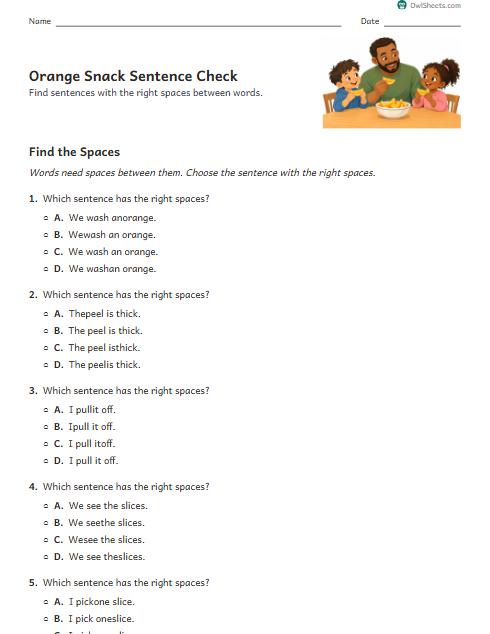 Orange Snack Sentence Check worksheet preview