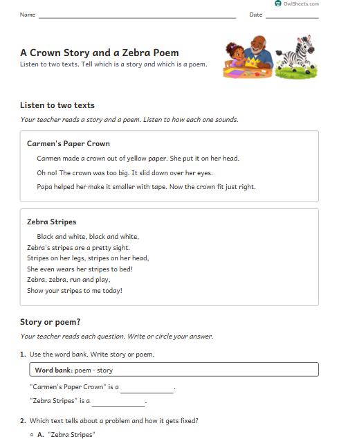 A Crown Story and a Zebra Poem worksheet preview
