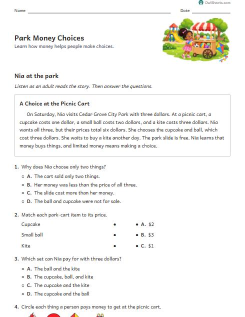 Park Money Choices worksheet preview