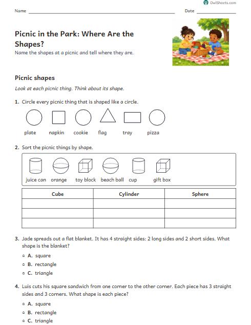 Picnic in the Park: Where Are the Shapes? worksheet preview