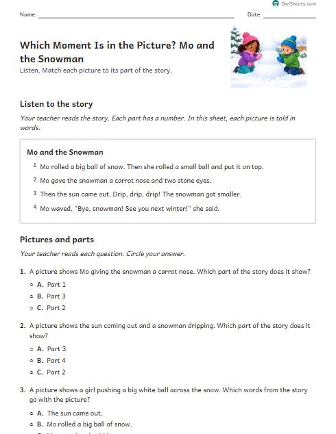 Which Moment Is in the Picture? Mo and the Snowman worksheet preview
