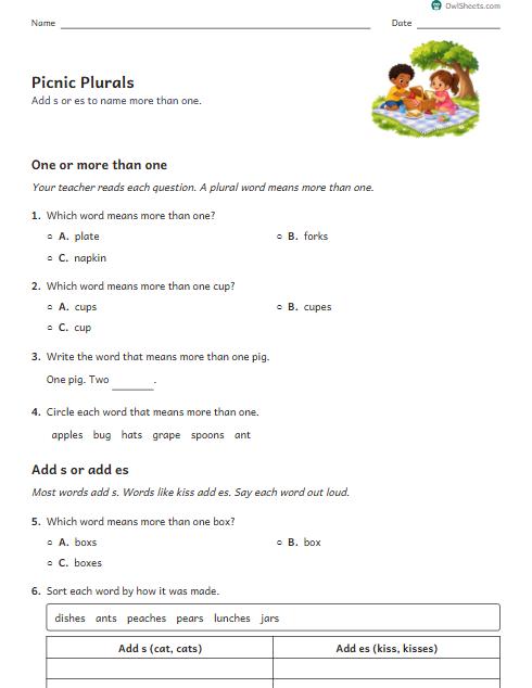 Picnic Plurals worksheet preview