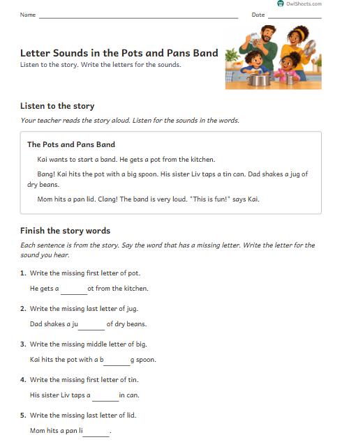 Letter Sounds in the Pots and Pans Band worksheet preview