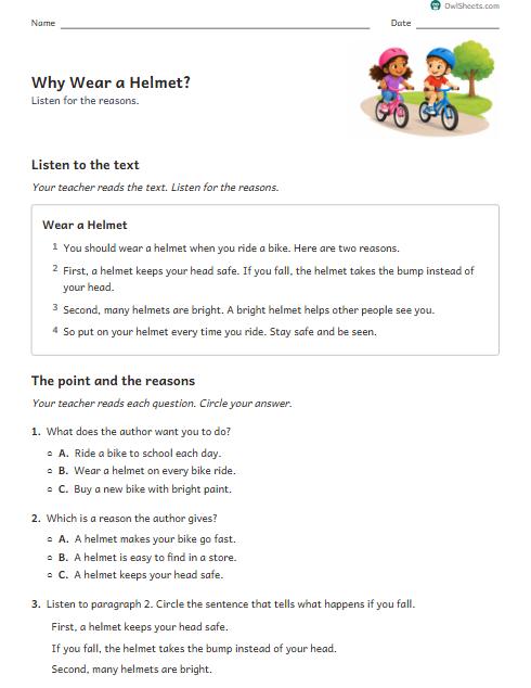 Why Wear a Helmet? worksheet preview