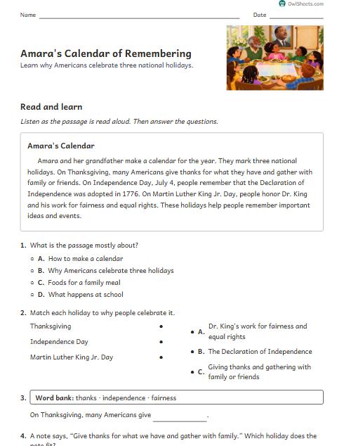 Amara's Calendar of Remembering worksheet preview