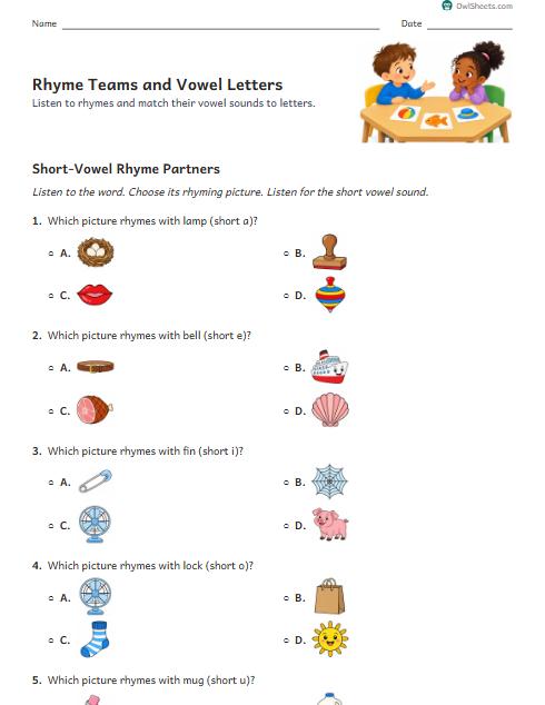 Rhyme Teams and Vowel Letters worksheet preview