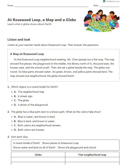 At Rosewood Loop, a Map and a Globe worksheet preview