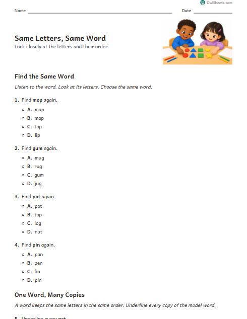 Same Letters, Same Word worksheet preview