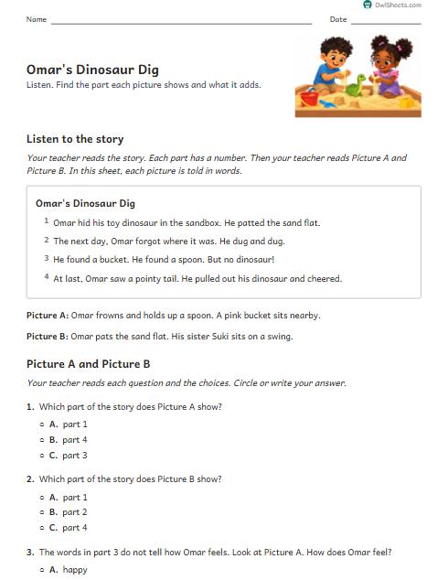 Omar's Dinosaur Dig worksheet preview