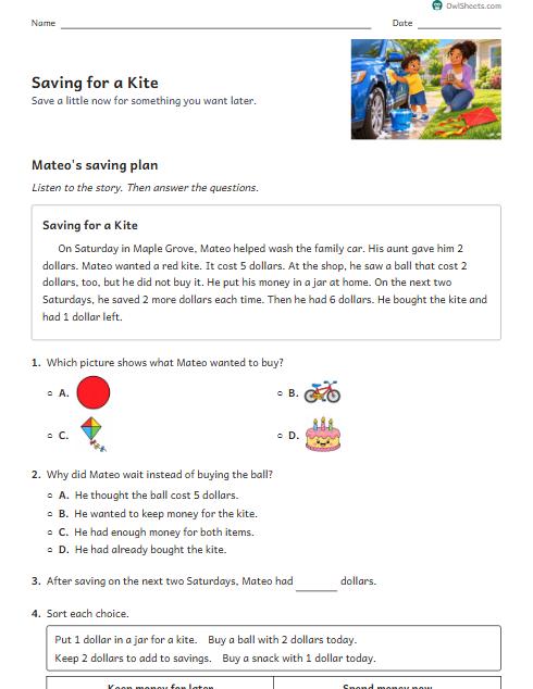 Saving for a Kite worksheet preview