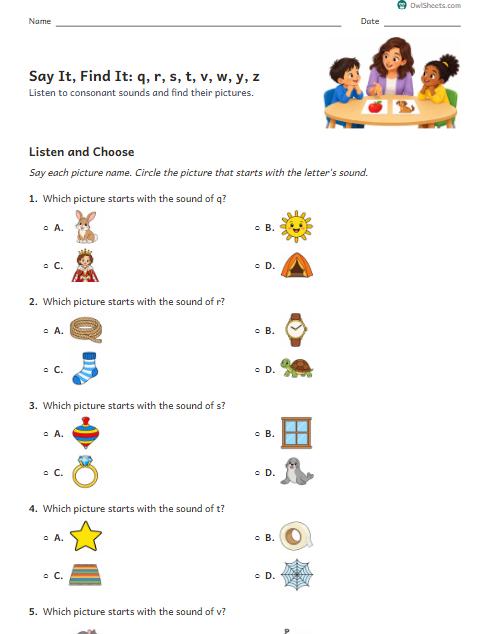 Say It, Find It: q, r, s, t, v, w, y, z worksheet preview