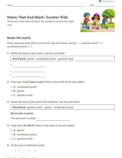 Name That End Mark: Scooter Ride worksheet preview