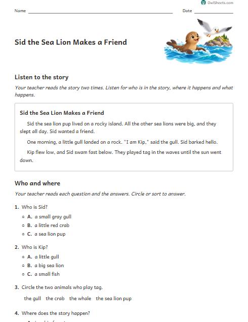 Sid the Sea Lion Makes a Friend worksheet preview