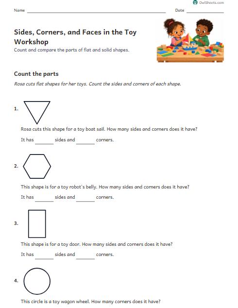 Sides, Corners, and Faces in the Toy Workshop worksheet preview