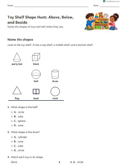 Toy Shelf Shape Hunt: Above, Below, and Beside worksheet preview